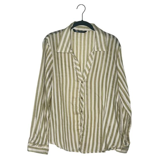 Zara Flowy Striped‎ Long Sleeve Gold Buttons Shirt Ecru/Green Sz L - Picture 5 of 13